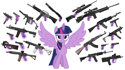 Size: 1920x1080 | Tagged: safe, artist:edy_january, artist:twilirity, derpibooru import, edit, twilight sparkle, twilight sparkle (alicorn), alicorn, pony, g4, ak, ak-47, an-94, angry, assault rifle, female, galil, glock, glock 17, glock 18c, gun, handgun, hk416, kriss vector, m1911, m4a1, mac-10, machine pistol, magic, mare, mateba 2006m, msg90a1, mtar-21, pistol, remington 870, revolver, rifle, shotgun, sig mcx virtus, sig mpx, simple background, sniper rifle, solo, spread wings, steyr scout, submachinegun, tec-9, telekinesis, transparent background, usas-12, vector, vector edit, walther p38, weapon, wings