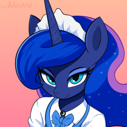 Size: 1194x1194 | Tagged: safe, artist:adastra, derpibooru import, princess luna, alicorn, anthro, clothes, dress, gradient background, looking at you, maid, maid headdress, ribbon, solo