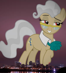 Size: 1366x1524 | Tagged: safe, artist:tardifice, derpibooru import, edit, editor:jaredking779, mayor mare, earth pony, pony, g4, alternate eye color, attack on pony, collar, cravat, female, giant pony, giantess, glasses, grin, highrise ponies, irl, kansas city, lidded eyes, macro, mare, missouri, photo, ponies in real life, raised hoof, raised leg, red eyes, smiling, story included, vulgar description, wrong eye color