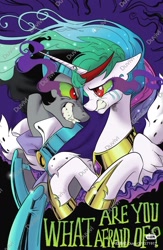 Size: 1080x1661 | Tagged: safe, artist:duvivi, derpibooru import, idw, king sombra, princess celestia, alicorn, pony, unicorn, g4, reflections, spoiler:comic, crying, dark magic, duo, duo male and female, female, former good king sombra, good king sombra, horn, i can't believe it's not idw, looking at each other, looking at someone, magic, male, mare, red little book source, sad, sombra eyes, stallion, tragic, watermark