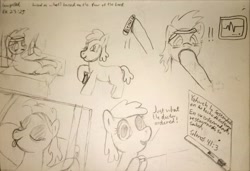 Size: 3264x2237 | Tagged: safe, artist:wren, derpibooru import, oc, oc only, pony, bandage, bed, bible verse, comic, force feeding, heartbeat, hospital bed, laser pointer, monochrome, pills, relieved, religion, sad, sketch, text, tongue, tongue out, whiteboard