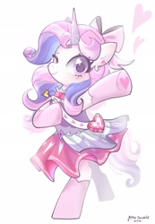 Size: 1421x2048 | Tagged: safe, artist:petaltwinkle, derpibooru import, oc, oc only, oc:sugarswirl, pony, unicorn, bag, bipedal, blushing, bow, choker, clothes, colored eyelashes, colored horn, curly hair, curly mane, dress, ear fluff, ear piercing, earring, ears, eye clipping through hair, eyelashes, female, floating heart, frilly, frilly dress, frilly skirt, gradient ears, hair accessory, hair bow, heart, heart choker, heart earring, heart eyes, horn, jewelry, long socks, looking at you, makeup, mane accessory, mare, mare oc, multicolored mane, multicolored tail, one eye closed, piercing, pink bow, pink eyes, pink skirt, pink socks, purple eyelashes, raised hoof, raised leg, shiny eyes, shoulder bag, signature, simple background, smiling, smiling at you, socks, solo, standing, tail, unicorn horn, unicorn oc, white background, white coat, wingding eyes, wink