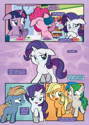 Size: 1920x2715 | Tagged: safe, artist:alexdti, derpibooru import, applejack, pinkie pie, rarity, twilight sparkle, twilight sparkle (alicorn), oc, oc:brainstorm (alexdti), oc:star logic, alicorn, pony, comic:how we met, blushing, donut, ears, female, filly, filly applejack, filly rarity, floppy ears, foal, food, younger