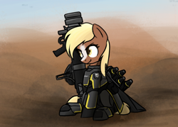 Size: 1374x982 | Tagged: safe, artist:alexi148, derpibooru import, sergeant reckless, earth pony, pony, armor, female, gun, helldivers, helldivers 2, ponified, recoilless rifle, solo, species swap, weapon