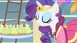 Size: 2160x1207 | Tagged: safe, derpibooru import, screencap, rarity, pony, unicorn, a bird in the hoof, g4, season 1, alternate hairstyle, balloon, beautiful, clothes, dress, ear piercing, earring, elegant, eyes closed, food, gown, horn, jewelry, ladder, party, piercing, rarity's first gala dress, solo, sugarcube corner, tiara, tray