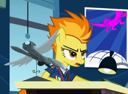 Size: 1636x1203 | Tagged: safe, derpibooru import, screencap, spitfire, pegasus, pony, g4, wonderbolts academy, annoyed, captain of the wonderbolts, clothes, cropped, desk, drill sergeant, female, lamp, mare, necktie, poster, solo, spitfire's office, spitfire's tie, suit, uniform, window, wonderbolts dress uniform, wonderbolts headquarters