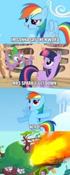 Size: 416x1040 | Tagged: source needed, safe, derpibooru import, edit, edited screencap, screencap, rainbow dash, spike, twilight sparkle, unicorn twilight, dragon, pegasus, pony, unicorn, g4, twilight's kingdom, comic, explosion, female, fire, golden oaks library, impact font, male, mare, meme, n word, nerd, screencap comic, sky, trio, wingless spike