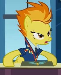 Size: 870x1068 | Tagged: safe, derpibooru import, screencap, spitfire, pegasus, pony, g4, wonderbolts academy, captain of the wonderbolts, clothes, cropped, desk, female, lidded eyes, mare, necktie, office, shocked, shocked expression, solo, spitfire's office, spitfire's tie, suit, surprised, uniform, window, wonderbolts dress uniform, wonderbolts headquarters