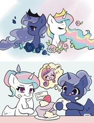 Size: 1024x1350 | Tagged: safe, artist:ayano的百宝袋, derpibooru import, princess cadance, princess celestia, princess luna, g4, back to back, baking, cake, cream, cute, cutedance, cutelestia, female, flower, food, lunabetes, red little book source, rose, strawberry, trio, trio female