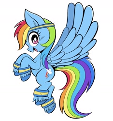 Size: 1743x1864 | Tagged: safe, artist:cubiccitrus, derpibooru import, rainbow dash, pegasus, pony, g4, female, flying, headband, hoofband, looking at you, mare, open mouth, open smile, simple background, smiling, smiling at you, solo, spread wings, unshorn fetlocks, white background, wings, wristband