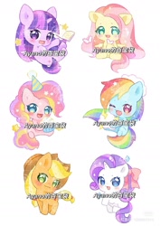 Size: 1080x1528 | Tagged: safe, artist:ayano的百宝袋, derpibooru import, applejack, fluttershy, pinkie pie, rainbow dash, rarity, twilight sparkle, earth pony, pegasus, unicorn, g4, chinese, cute, dashabetes, diapinkes, horn, jackabetes, mane six, raribetes, red little book source, shyabetes, twiabetes, watermark, weapons-grade cute