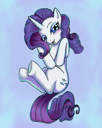 Size: 2242x2813 | Tagged: safe, artist:kcday, derpibooru import, rarity, pony, unicorn, g4, blushing, eyeshadow, female, high res, horn, light blue background, looking at you, lying down, makeup, mare, on back, open mouth, simple background, solo, tail, underhoof