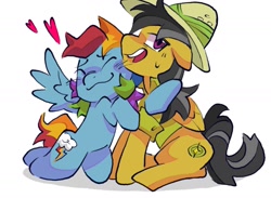Size: 1677x1229 | Tagged: safe, artist:lound, derpibooru import, daring do, rainbow dash, pegasus, pony, g4, :3, blue coat, blush lines, blushing, clothes, duo, duo female, eyebrows, eyebrows visible through hair, eyelashes, eyes closed, fangirl, fangirling, female, floating heart, frown, gray mane, gray tail, hat, heart, hug, long mane, long tail, mare, multicolored hair, multicolored mane, multicolored tail, nervous, nervous smile, open frown, open mouth, open smile, pith helmet, profile, rainbow hair, rainbow tail, raised hooves, shadow, short tail, simple background, sitting, smiling, spread wings, sweat, sweatdrop, tail, tan coat, three toned mane, three toned tail, tri-color mane, tri-color tail, tri-colored mane, tri-colored tail, tricolor mane, tricolor tail, tricolored mane, tricolored tail, vest, white background, wings