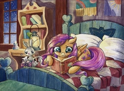 Size: 3411x2507 | Tagged: safe, artist:the-wizard-of-art, derpibooru import, angel bunny, fluttershy, pegasus, pony, rabbit, g4, animal, bed, book, cottagecore, crying, duo, duo male and female, ears, female, floppy ears, fluttershy's cottage (interior), folded wings, high res, indoors, lantern, lip bite, lying down, lying on bed, male, mare, night, on bed, painting, prone, reading, redwall, tail, teary eyes, tissue, tissue box, traditional art, watercolor painting, wings