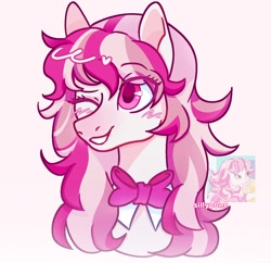 Size: 1256x1214 | Tagged: safe, artist:sillyp0ne, derpibooru import, horse, barely pony related, blush scribble, blushing, bowtie, bust, candi (wild manes), colored eyelashes, colored pinnae, colored pupils, eye clipping through hair, eyebrows, eyebrows visible through hair, eyeshadow, female, gradient muzzle, long mane, makeup, mare, one eye closed, pink coat, pink eyes, pink eyeshadow, pink mane, purple eyelashes, purple pupils, reference used, shiny mane, signature, smiling, solo, three toned mane, tri-color mane, tri-colored mane, tricolor mane, tricolored mane, wild manes, wink