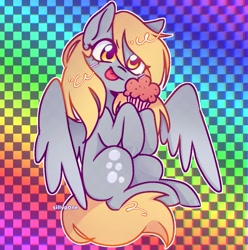 Size: 1087x1096 | Tagged: safe, artist:sillyp0ne, derpibooru import, derpy hooves, pegasus, pony, g4, blonde, blonde mane, blonde tail, blush lines, blushing, checkered background, colored hooves, cute, derp, derpabetes, eye clipping through hair, eyebrows, eyelashes, eyestrain warning, female, food, glowing blush, golden eyes, gray coat, gray hooves, hoof hold, hooves, mare, muffin, multicolored background, outline, partially open wings, patterned background, rainbow background, shiny hooves, shiny mane, shiny tail, signature, sitting, smiling, solo, tail, that pony sure does love muffins, tongue, tongue out, wings