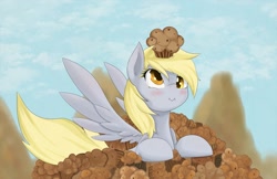 Size: 1625x1050 | Tagged: safe, artist:zokkili, derpibooru import, derpy hooves, pegasus, pony, g4, blushing, cute, derp, derpabetes, female, food, mare, muffin, on head, outdoors, sky, smiling, solo, spread wings, that pony sure does love muffins, wings