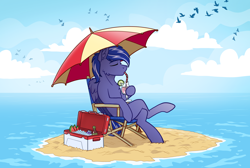 Size: 5064x3393 | Tagged: safe, artist:helmie-art, derpibooru import, oc, oc only, oc:lightning flare, pegasus, pony, beach umbrella, chair, chest fluff, commission, cooler, crossed legs, drink, island, pegasus oc, sitting, solo, sternocleidomastoid, umbrella, water, ych result