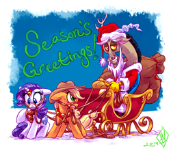 Size: 2150x1900 | Tagged: safe, artist:whitediamonds, derpibooru import, applejack, discord, rarity, draconequus, earth pony, pony, unicorn, g4, angry, applejack's hat, blushing, bridle, christmas, clothes, collar, costume, cowboy hat, female, freckles, gritted teeth, harness, hat, holiday, horn, horn ring, lesbian, looking at someone, looking at something, looking at you, male, mare, pony play, raised hoof, raised leg, rarijack, rarijack daily, ring, santa costume, santa hat, shipping, signature, sleigh, snow, sweat, sweatdrop, tack, tail, teeth, trio