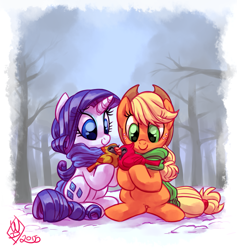 Size: 1375x1450 | Tagged: safe, artist:whitediamonds, derpibooru import, applejack, rarity, bird, cardinal, earth pony, pony, unicorn, g4, applejack's hat, clothes, cowboy hat, cute, duo, duo female, female, forest, freckles, hat, horn, jackabetes, lesbian, looking at something, mare, nature, outdoors, raribetes, rarijack, rarijack daily, scarf, scenery, shipper on deck, shipping, signature, sitting, smiling, snow, tail, tree, winter