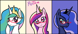 Size: 1800x800 | Tagged: safe, artist:potzm, derpibooru import, princess cadance, princess celestia, princess luna, alicorn, pony, g4, alicorn triarchy, blushing, bust, crown, female, glasses, heart, heart eyes, horn, jewelry, looking at you, mare, portrait, raised hoof, raised leg, regalia, royal sisters, siblings, sisters, smiling, smiling at you, trio, trio female, wingding eyes