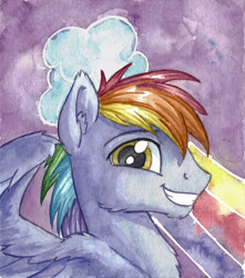 Size: 2190x2474 | Tagged: safe, artist:the-wizard-of-art, derpibooru import, rainbow blaze, pegasus, pony, g4, grin, high res, looking at you, male, partially open wings, profile, smiling, smiling at you, solo, stallion, traditional art, watercolor painting, wings