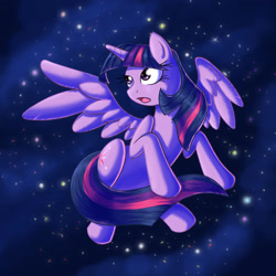 Size: 2550x2550 | Tagged: safe, artist:kcday, derpibooru import, twilight sparkle, twilight sparkle (alicorn), alicorn, pony, g4, female, high res, horn, mare, night, night sky, open mouth, sky, solo, spread wings, stars, tail, wings