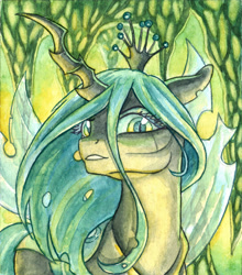 Size: 2190x2486 | Tagged: safe, artist:the-wizard-of-art, derpibooru import, queen chrysalis, changeling, changeling queen, g4, crown, female, horn, jewelry, looking at you, regalia, slit eyes, solo, spread wings, traditional art, transparent wings, watercolor painting, wings