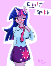 Size: 1327x1722 | Tagged: safe, artist:potzm, derpibooru import, twilight sparkle, unicorn twilight, anthro, unicorn, equestria girls, g4, :p, clothes, cutie mark on clothes, equestria girls outfit, eyebrows, eyebrows visible through hair, female, glasses, horn, lavender background, looking at you, name, necktie, one eye closed, shirt, simple background, skirt, smiling, smiling at you, solo, tongue, tongue out, wink, winking at you