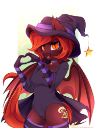 Size: 2562x3440 | Tagged: safe, artist:thenornonthego, derpibooru import, oc, oc only, oc:love charm, anthro, bat pony, anthro oc, bat pony oc, bat wings, breasts, cape, clothes, collar, evening gloves, fangs, female, gloves, hat, heart hands, high res, jewelry, leotard, long gloves, looking at you, open mouth, open smile, pendant, slit eyes, smiling, smiling at you, socks, solo, spread wings, stockings, striped socks, striped stockings, thigh highs, wings, witch hat