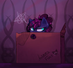 Size: 1500x1400 | Tagged: safe, artist:magnaluna, derpibooru import, princess luna, cat, cat pony, original species, pony, g4, box, box fort, cardboard box, catified, cute, ear fluff, ears, female, grumpy, grumpy luna, horn, lunabetes, mare, pony in a box, princess mewna, slit eyes, solo, species swap, sweat, sweatdrop, whiskers