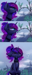 Size: 1500x3538 | Tagged: safe, artist:magnaluna, derpibooru import, princess luna, alicorn, cat, cat pony, original species, pony, g4, 3 panel comic, blushing, catified, catnip, cheek bulge, cheek fluff, chest fluff, comic, ear fluff, ears, eating, ethereal mane, eyes closed, female, floppy ears, folded wings, grumpy luna, horn, looking at something, mare, mountain, neck fluff, nom, outdoors, plant, profile, side view, sitting, slit eyes, sniffing, solo, species swap, whiskers, wings