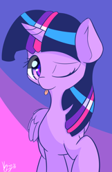 Size: 3850x5950 | Tagged: safe, artist:kawaiipony2, derpibooru import, twilight sparkle, twilight sparkle (alicorn), alicorn, pony, g4, absurd resolution, cute, female, folded wings, horn, looking at you, mare, one eye closed, raised hoof, raised leg, signature, smiling, smiling at you, solo, tongue, tongue out, twiabetes, wings, wink, winking at you