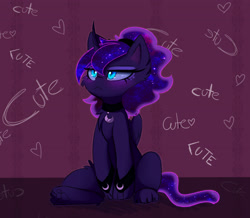 Size: 3000x2618 | Tagged: safe, artist:magnaluna, derpibooru import, princess luna, alicorn, cat, cat pony, original species, pony, g4, :<, cat paws, catified, cheek fluff, curved horn, cute, ethereal mane, ethereal tail, female, folded wings, grumpy luna, heart, high res, horn, i'm not cute, lunabetes, mare, paw pads, paws, sitting, slit eyes, solo, species swap, tail, underpaw, wings