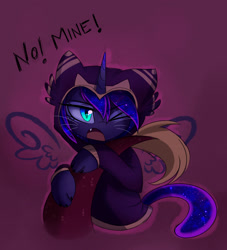 Size: 2307x2542 | Tagged: dead source, safe, artist:magnaluna, derpibooru import, discord, princess luna, alicorn, cat, cat pony, draconequus, original species, pony, g4, catified, clothes, duo, duo male and female, ethereal mane, female, female focus, grumpy luna, high res, hoodie, horn, implied lunacord, interspecies, male, mare, offscreen character, one eye closed, open mouth, ship:lunacord, shipping, slit eyes, solo focus, species swap, straight