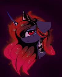 Size: 2400x2967 | Tagged: safe, artist:magnaluna, derpibooru import, princess luna, alicorn, pony, g4, alternate hair color, armor, blood moon, blood moon luna, bust, constellation, constellation hair, crown, curved horn, female, high res, horn, jewelry, looking at you, mare, portrait, profile, regalia, side view, slit eyes, solo