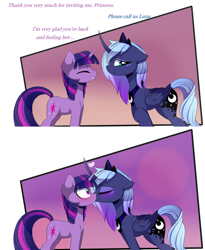 Size: 2400x2921 | Tagged: safe, artist:magnaluna, derpibooru import, princess luna, twilight sparkle, unicorn twilight, alicorn, pony, unicorn, g4, 2 panel comic, blushing, comic, concave belly, crown, curved horn, dialogue, duo, duo female, ears, eyes closed, female, floppy ears, folded wings, heart, horn, jewelry, kiss on the lips, kissing, lesbian, mare, peytral, physique difference, profile, raised hoof, raised leg, regalia, s1 luna, shipping, side view, simple background, smiling, surprise kiss, tail, twiluna, white background, wide eyes, wings