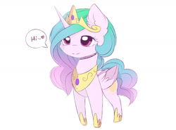 Size: 2400x1776 | Tagged: dead source, safe, artist:magnaluna, derpibooru import, princess celestia, alicorn, pony, g4, chibi, colored wings, colored wingtips, crown, cute, cutelestia, female, folded wings, heart, hi, hoof shoes, horn, horseshoes, jewelry, mare, monologue, peytral, pinklestia, princess shoes, regalia, simple background, solo, speech bubble, tail, talking, white background, wings