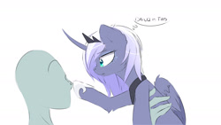 Size: 2400x1352 | Tagged: safe, artist:magnaluna, derpibooru import, princess luna, oc, oc:anon, alicorn, human, pony, g4, anonymous, boop, confused, crown, curved horn, duo, female, holding a pony, hoof shoes, horn, jewelry, looking at each other, looking at someone, mare, peytral, princess shoes, profile, regalia, s1 luna, side view, simple background, thought bubble, vulgar, white background