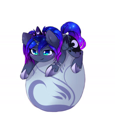 Size: 1841x1999 | Tagged: safe, artist:magnaluna, derpibooru import, princess luna, alicorn, pony, g4, chibi, colored wings, colored wingtips, crown, cute, dragon egg, egg, female, folded wings, hoof shoes, horn, jewelry, lunabetes, lying down, mare, princess shoes, prone, regalia, simple background, solo, tail, white background, wings