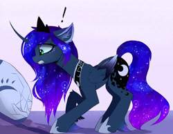 Size: 3800x2945 | Tagged: safe, artist:magnaluna, derpibooru import, princess luna, alicorn, pony, g4, cracked, crown, curved horn, cute, dragon egg, ear fluff, ears, egg, ethereal mane, ethereal tail, exclamation point, female, folded wings, gritted teeth, high res, hoof shoes, horn, jewelry, looking at something, mare, peytral, princess shoes, profile, regalia, side view, solo, tail, teeth, wings