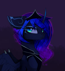 Size: 1468x1604 | Tagged: safe, artist:magnaluna, derpibooru import, princess luna, alicorn, pony, g4, curved horn, female, horn, looking at you, mare, solo, spread wings, wings