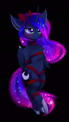 Size: 1382x2455 | Tagged: safe, alternate version, artist:magnaluna, derpibooru import, princess luna, alicorn, semi-anthro, g4, bat wings, belly, belly button, blushing, bondage, bow, chest fluff, curved horn, cute, dark background, ear fluff, ears, ethereal mane, ethereal tail, female, folded wings, hair bow, hoof shoes, horn, lunabetes, mare, princess shoes, ribbon, ribbon bikini, ribcage, solo, tail, wings