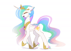 Size: 1900x1351 | Tagged: safe, artist:magnaluna, derpibooru import, princess celestia, alicorn, pony, g4, celestia's crown, cheek fluff, chest fluff, colored ears, colored fetlocks, colored fluff, colored wings, colored wingtips, crown, cute, cutelestia, ear fluff, ear markings, earbuds, ears, ethereal mane, ethereal tail, eyes closed, eyeshadow, female, fluffy, folded wings, full body, gradient ears, gradient fetlocks, gradient wings, headphones, hock fluff, hoof fluff, hoof shoes, horn, jewelry, leg fluff, leg strap, listening, makeup, mare, multicolored coat, multicolored wings, music player, neck fluff, open mouth, open smile, peytral, princess shoes, profile, regalia, side view, simple background, smiling, solo, tail, walking, white background, wing fluff, wings