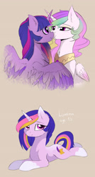 Size: 2600x4835 | Tagged: dead source, safe, artist:magnaluna, derpibooru import, princess celestia, twilight sparkle, twilight sparkle (alicorn), oc, oc:lumina, alicorn, pony, unicorn, g4, :t, boop, chest fluff, colored wings, colored wingtips, ear fluff, ears, eye contact, eyeshadow, female, fluffy, folded wings, high res, horn, horns are touching, kissing, lesbian, lidded eyes, looking at each other, looking at someone, looking at you, lying down, magical lesbian spawn, makeup, mare, nose wrinkle, noseboop, offspring, parent:princess celestia, parent:twilight sparkle, parents:twilestia, peytral, prone, shipping, smiling, sploot, spread wings, tail, trio, trio female, twilestia, unicorn oc, wings