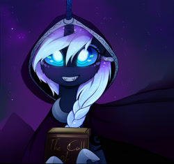 Size: 1600x1503 | Tagged: safe, artist:magnaluna, derpibooru import, princess luna, alicorn, pony, g4, book, braid, braided ponytail, call of cthulhu, cheek fluff, cloak, clothes, fangs, female, glowing, glowing eyes, grin, hood, horn, looking at you, mare, night, night sky, outdoors, ponytail, sky, smiling, smiling at you, solo, stars, white-haired luna