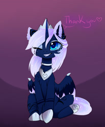 Size: 1600x1939 | Tagged: safe, artist:magnaluna, derpibooru import, princess luna, alicorn, pony, g4, alternate design, cheek fluff, chest fluff, claws, colored pupils, colored wings, colored wingtips, crown, cute, dialogue, ear fluff, ears, eyeshadow, fangs, female, gradient background, gradient horn, grin, heart, horn, jewelry, leg fluff, looking at you, lunabetes, makeup, mare, multicolored wings, one eye closed, partially open wings, peytral, purple background, regalia, shoulder fluff, simple background, sitting, smiling, smiling at you, solo, sparkly ears, sparkly mane, sparkly tail, sparkly wings, speech, speech bubble, tail, talking, thank you, white-haired luna, wing claws, wings, wink, winking at you, witting
