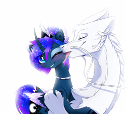 Size: 2480x2240 | Tagged: safe, artist:magnaluna, derpibooru import, princess luna, oc, oc:zefiroth, alicorn, dragon, pony, g4, alternate hairstyle, blushing, body markings, canon x oc, cheek fluff, chest fluff, claws, collar, colored pupils, colored wings, colored wingtips, couple, crown, curved horn, cute, dragon oc, duo, duo male and female, ear fluff, ears, embrace, ethereal mane, ethereal tail, eyes closed, eyeshadow, female, floppy ears, fluffy, folded wings, galaxy mane, hair bun, high res, horn, interspecies, jewelry, licking, lunabetes, makeup, male, mare, multicolored wings, neck fluff, necklace, non-pony oc, one eye closed, paws, regalia, shipping, simple background, smiling, straight, tail, tongue, tongue out, white background, wings