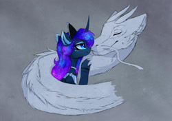 Size: 3180x2242 | Tagged: safe, artist:magnaluna, derpibooru import, princess luna, oc, oc:zefiroth, alicorn, dragon, pony, g4, bat wings, boop, canon x oc, cheek fluff, chin fluff, collar, colored pupils, crown, curved horn, cute, dragon oc, duo, duo male and female, ear fluff, ears, ethereal mane, eyes closed, eyeshadow, female, floppy ears, fluffy, galaxy mane, high res, horn, horns, hug, interspecies, jewelry, leg fluff, lidded eyes, makeup, male, mare, non-pony oc, noseboop, nuzzling, peytral, regalia, shipping, simple background, smiling, snuggling, straight, wings