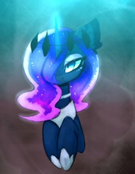Size: 1315x1686 | Tagged: safe, artist:magnaluna, derpibooru import, princess luna, alicorn, pony, g4, beautiful, collar, ethereal mane, eyeshadow, female, galaxy mane, glowing, glowing horn, hair over one eye, hoof shoes, horn, lidded eyes, magic, makeup, mare, missing accessory, peytral, princess shoes, smiling, solo